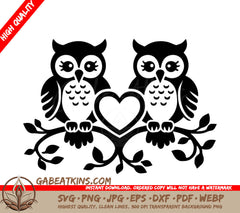 Two Owls Are Sitting On A Tree Branch With A Heart In The Middle SVG - Owl Companions SVG