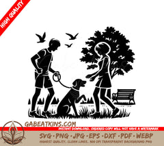  A Man And Woman Walking A Dog SVG - Park Playdate SVG