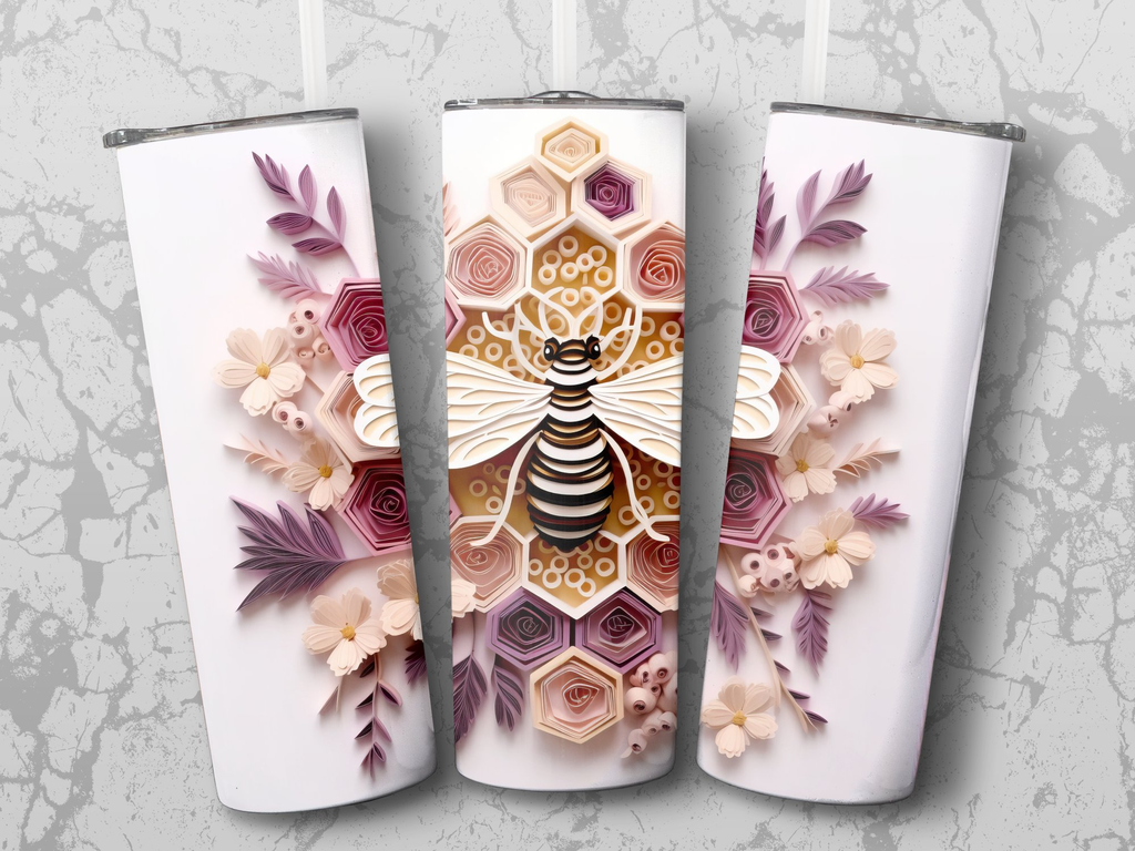 Pastel and Purple 3d Intricate Bee 20 oz Skinny Tumbler Sublimation De | Purple 3d Intricate Bee 20 oz Skinny Tumbler Sublimation Design, Straight