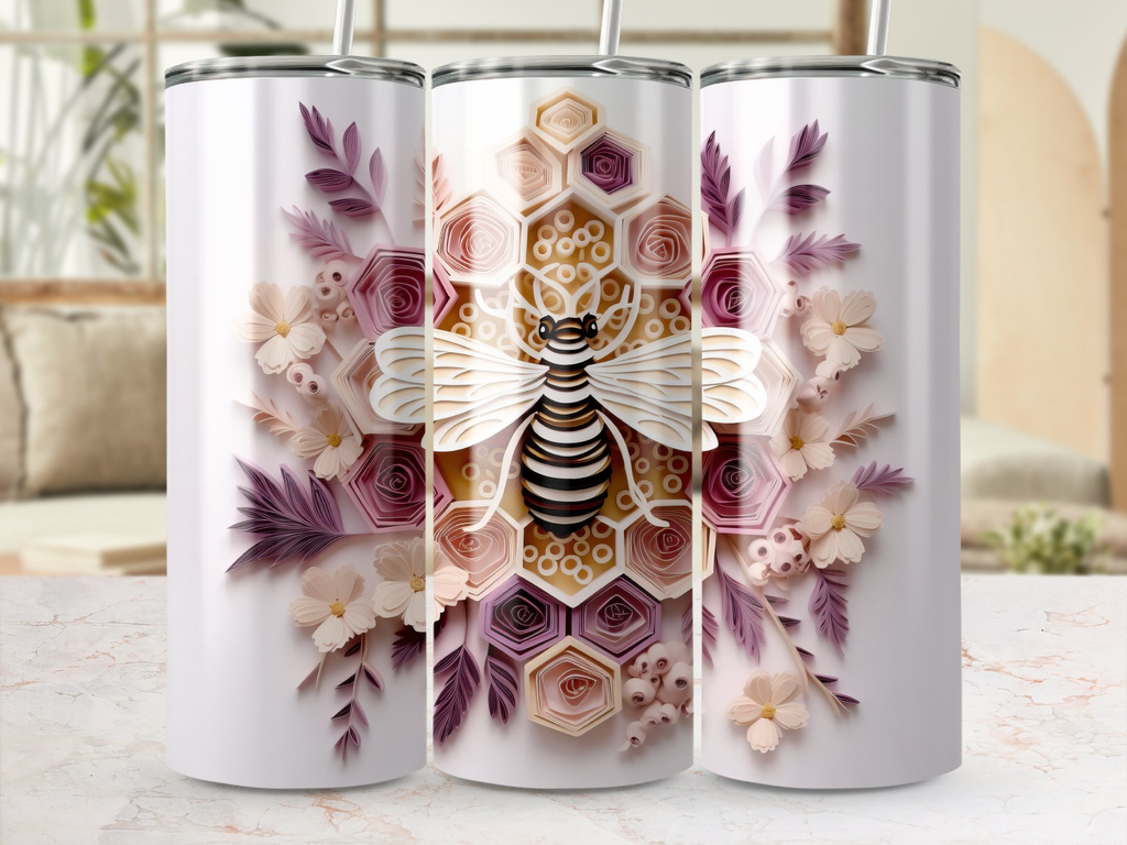 Pastel and Purple 3d Intricate Bee 20 oz Skinny Tumbler Sublimation De | Purple 3d Intricate Bee 20 oz Skinny Tumbler Sublimation Design, Straight