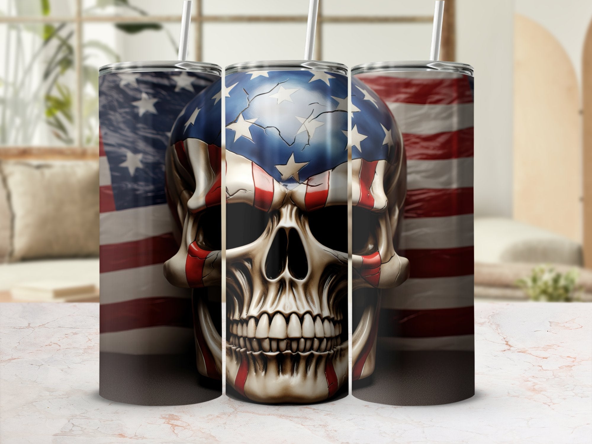 Patriotic Skull Tumbler Wrap | 20oz American Flag Design | Veteran's Day Cup Art | USA Pride Sublimation | Independence Tumbler Wrap Design | Tumbler Wrap | 20oz tumbler wrap, 3D Skull, American Flag, celebration of freedom, Colorful Skulls, Colorful Skulls Tumbler Wrap, high-quality print, intriguing 3D effect, memory, national pride, national unity, new arrival, nod to unity, Patriotic Pride, PNG file, reflective design, Skull, Skulls, Skulls Tumbler Wrap, straight format, striking art, strong patriotic e