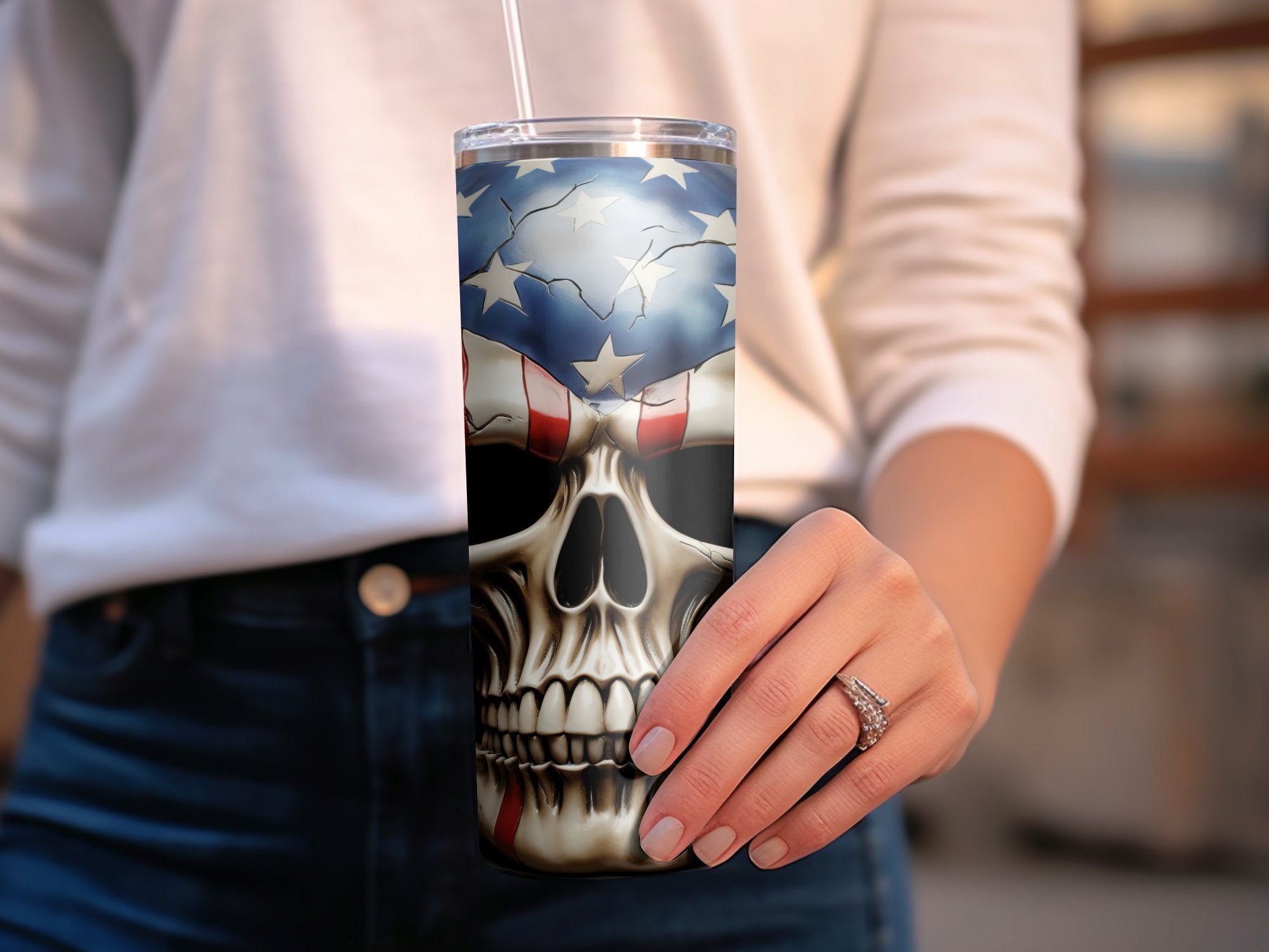 Patriotic Skull Tumbler Wrap | 20oz American Flag Design | Veteran's Day Cup Art | USA Pride Sublimation | Independence Tumbler Wrap Design - Gabe Atkins Designs