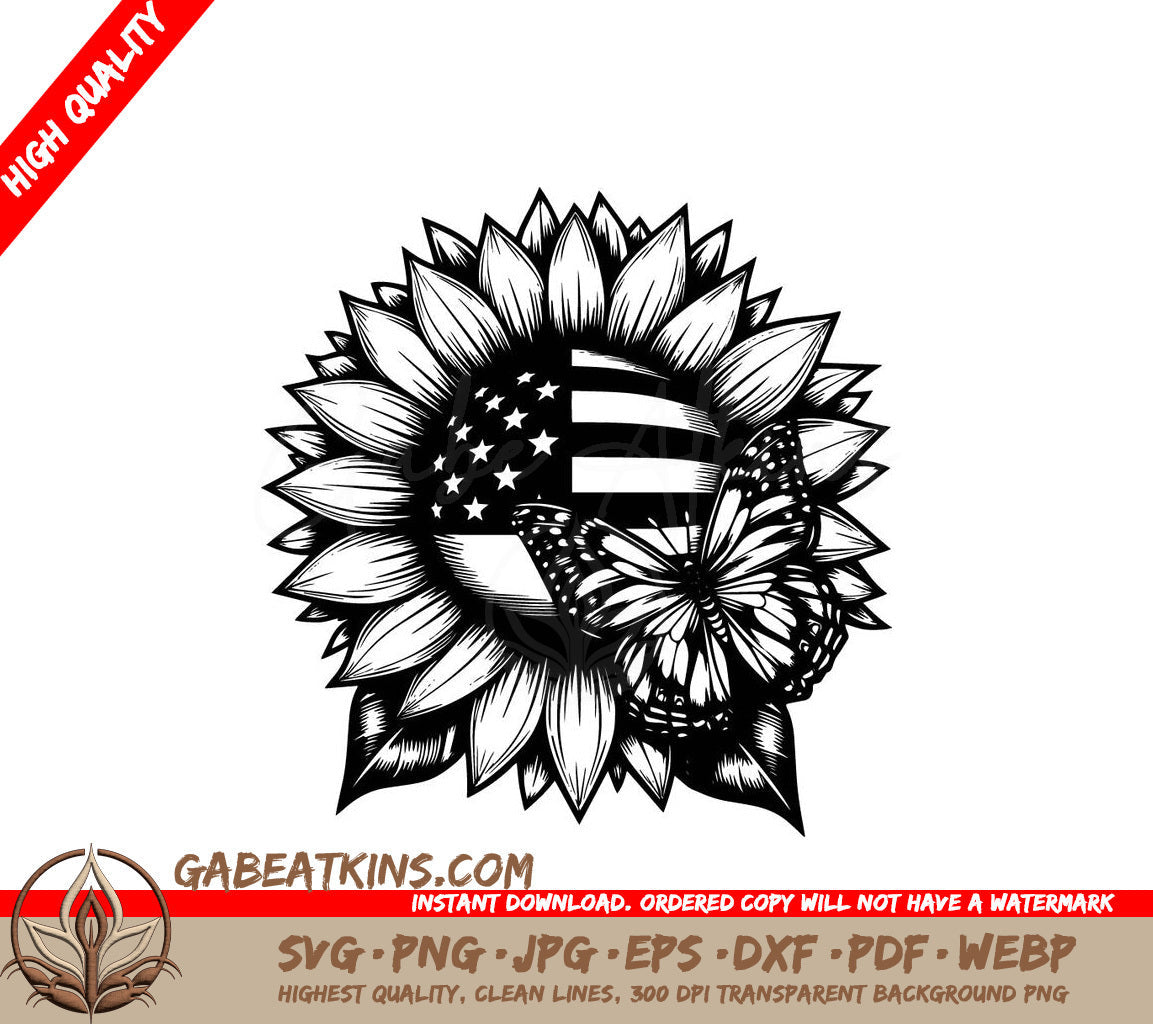 Patriotic Sunflower Butterfly SVG -  A Sunflower With An American Flag Inside