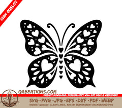 Patterned Heart Butterfly SVG - A Black And White Butterfly With Hearts On Its Wings