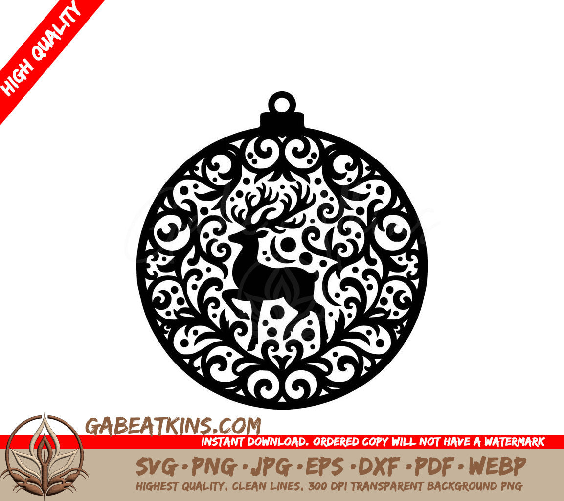 A Black And White Christmas Ornament With A Deer In The Center