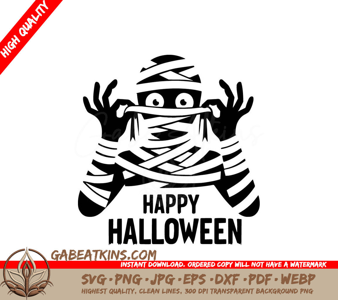 A Black And White Drawing Of A Mummy That Says Happy Halloween