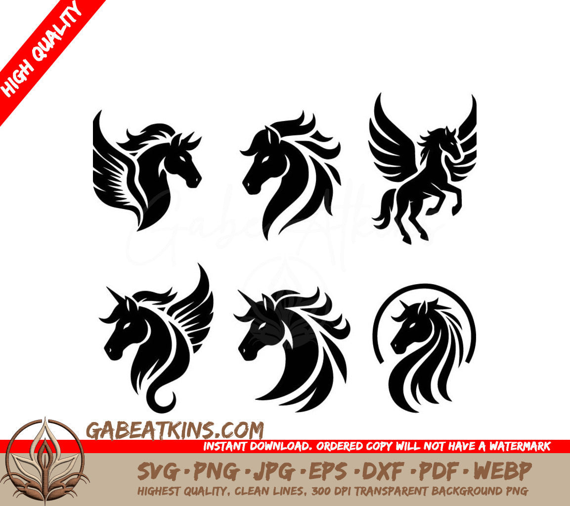 A Set Of Silhouettes Of Horses With Wings On A White Background SVG - Pegasus Silhouette set royalty free images SVG