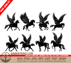 A Set Of Silhouettes Of Winged Horses On A White Background SVG - Pegasus collection silhouette set isolated vector SVG