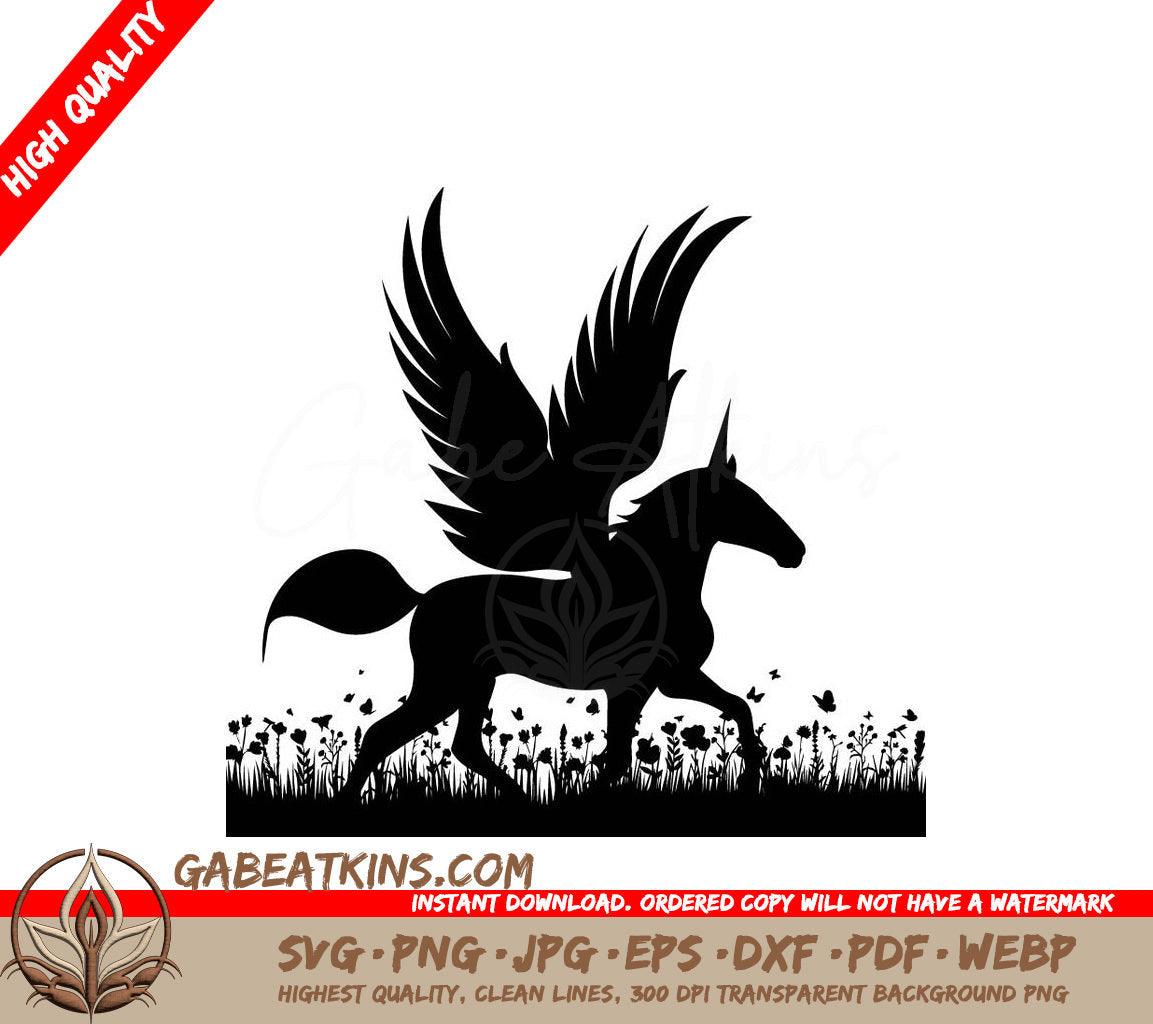 A Silhouette Of A Unicorn With Wings Running Through A Field Of Flowers SVG - Pegasus on the grass silhouette SVG