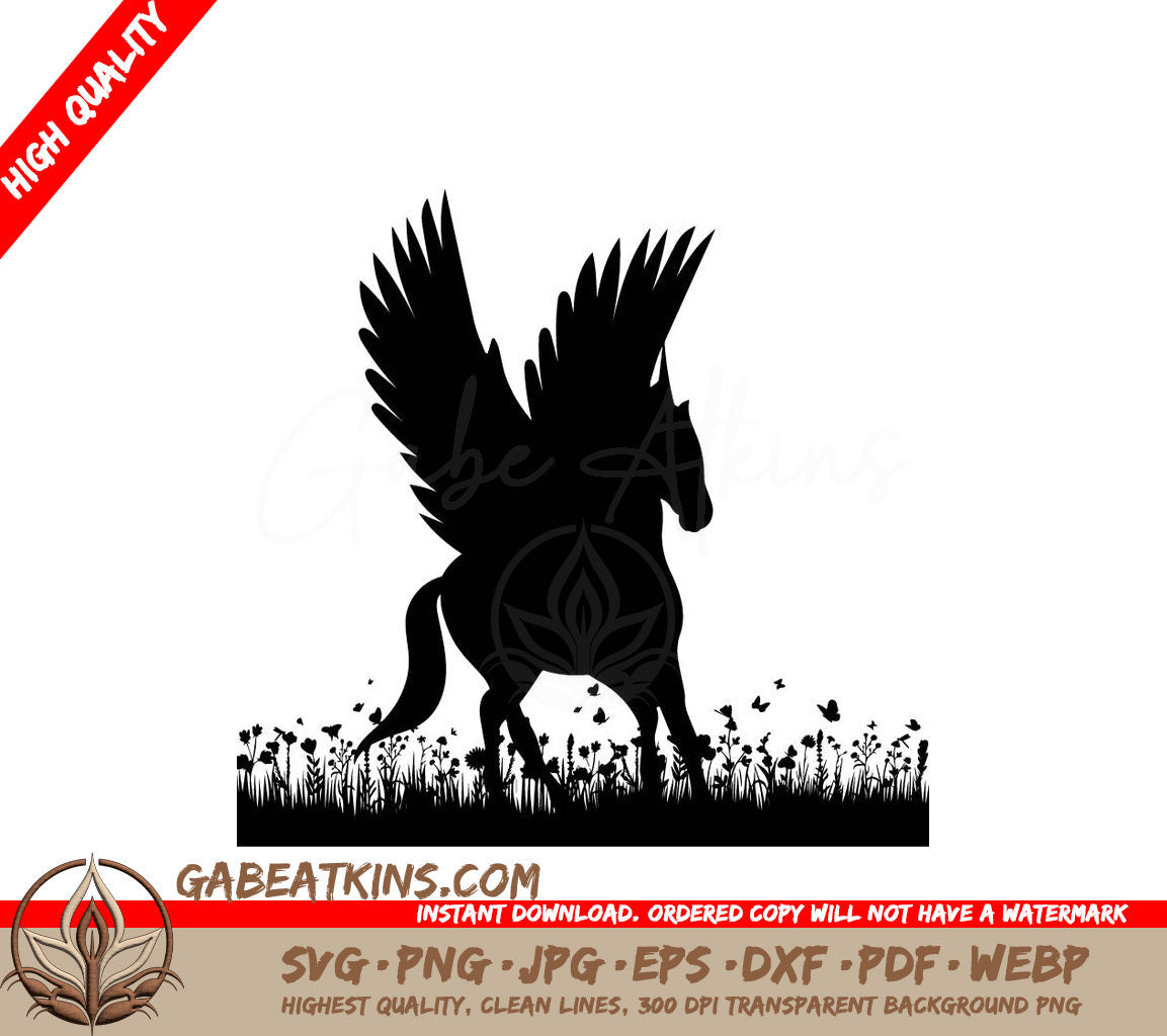 A Silhouette Of A Pegasus In A Field Of Flowers SVG - Pegasus running silhouette isolated vector SVG