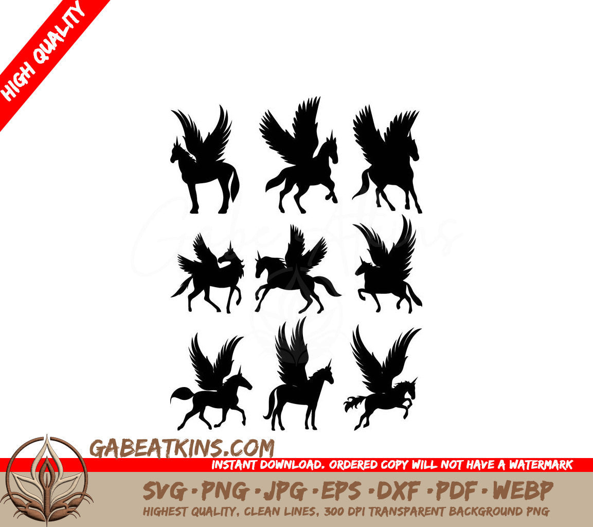 A Set Of Silhouettes Of Winged Horses On A White Background SVG - Pegasus set silhouette isolated vector SVG