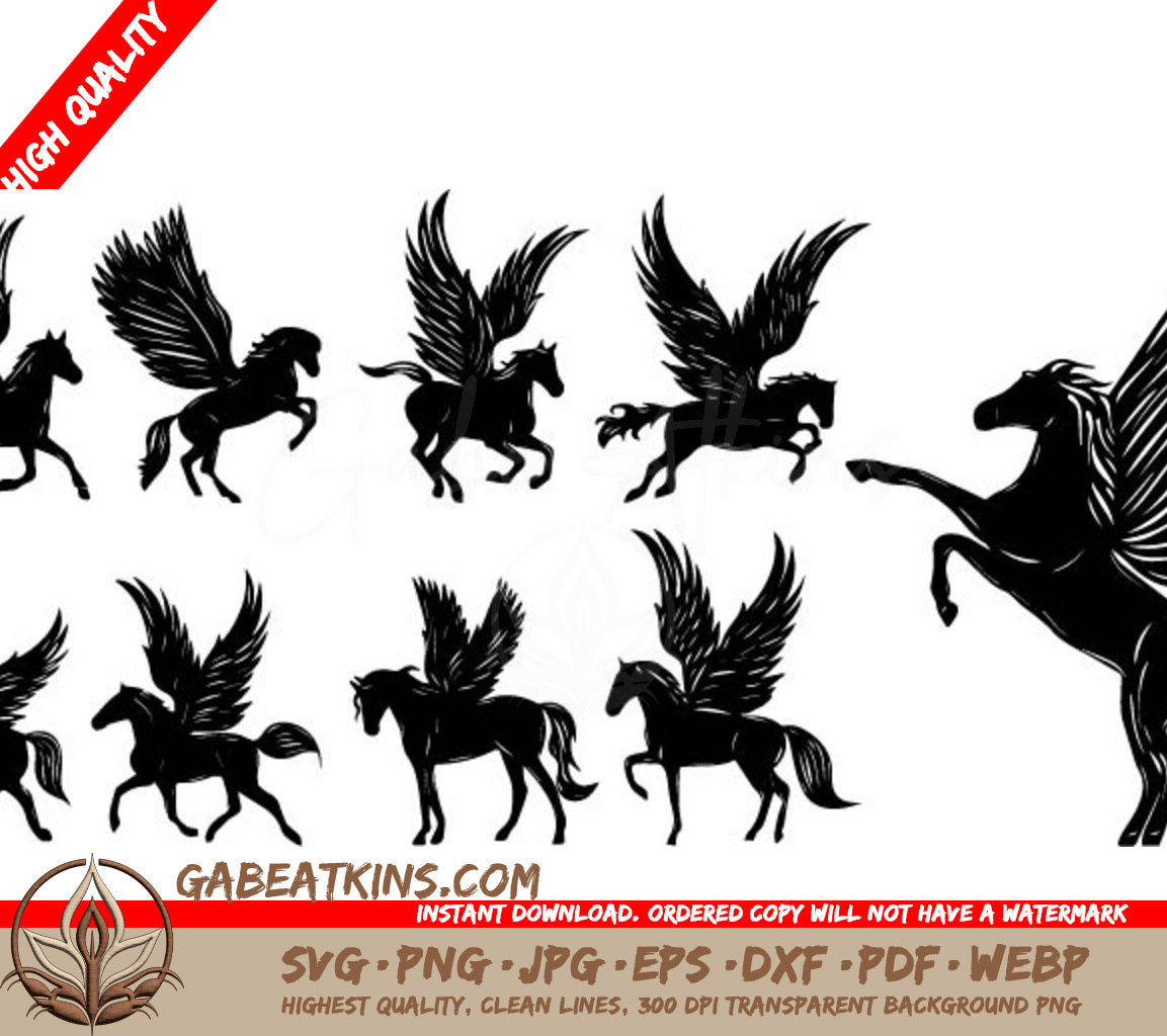 A Set Of Silhouettes Of Winged Horses On A White Background . SVG - Pegasus silhouette on white background isolated vector SVG