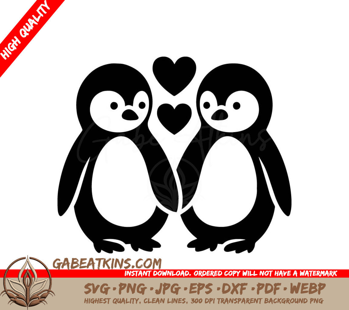 Two Penguins Holding Hands With Hearts Between Them SVG - Penguin Love Bond SVG