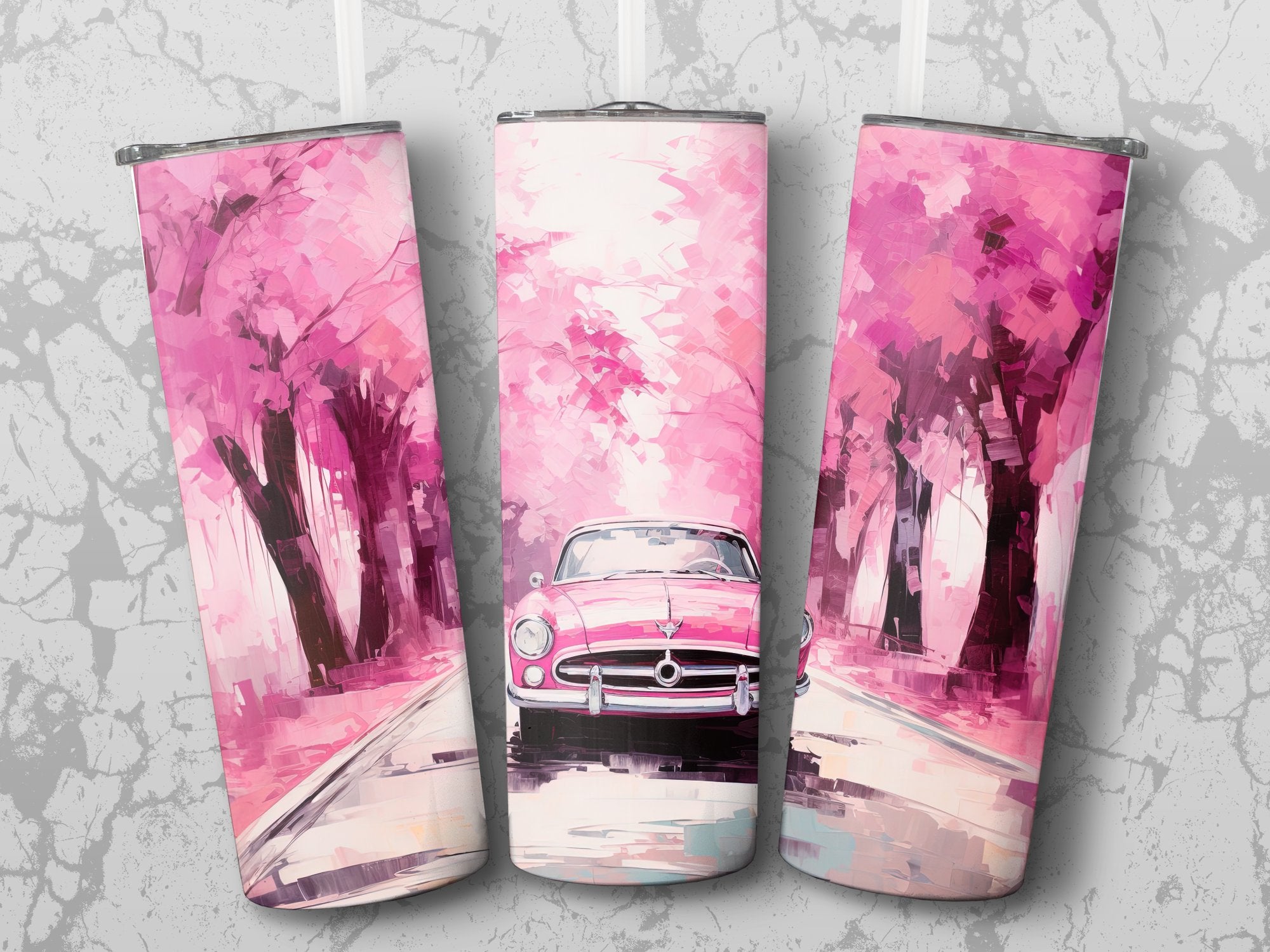 Pink Classic Car Cherry Blossom Watercolor Tumbler Wrap | 20oz Tumbler Wrap Sublimation Design PNG - Gabe Atkins Designs