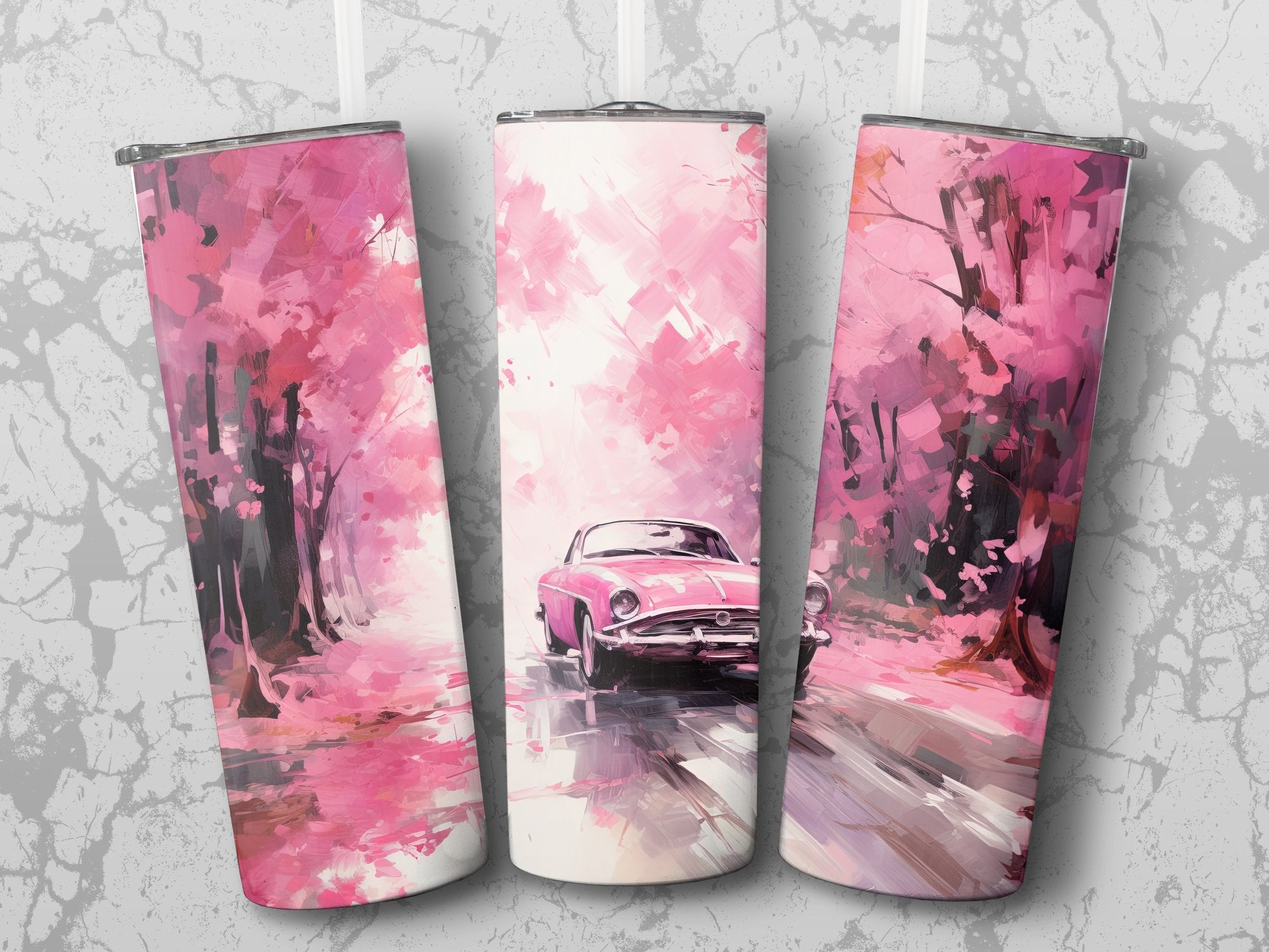 Pink Vintage Car Cherry Blossom Drive Tumbler Wrap | 20oz Tumbler Wrap Sublimation Design PNG - Gabe Atkins Designs