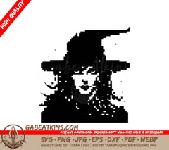 A Black And White Pixel Art Of A Witch