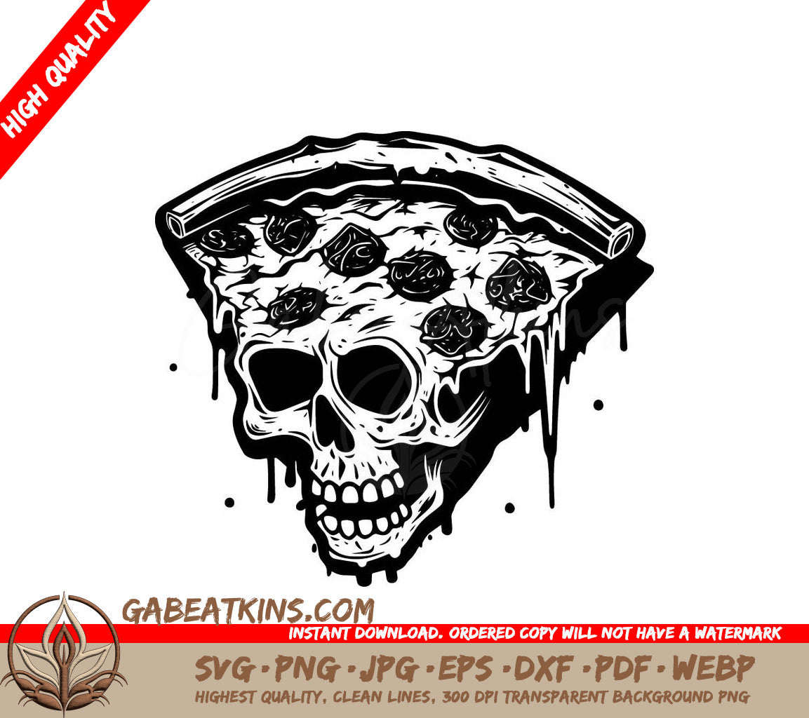 A Black And White Drawing Of A Skull And A Slice Of Pizza