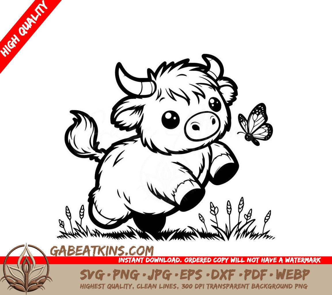 Playful Highland Cow SVG -  A Cow And A Butterfly