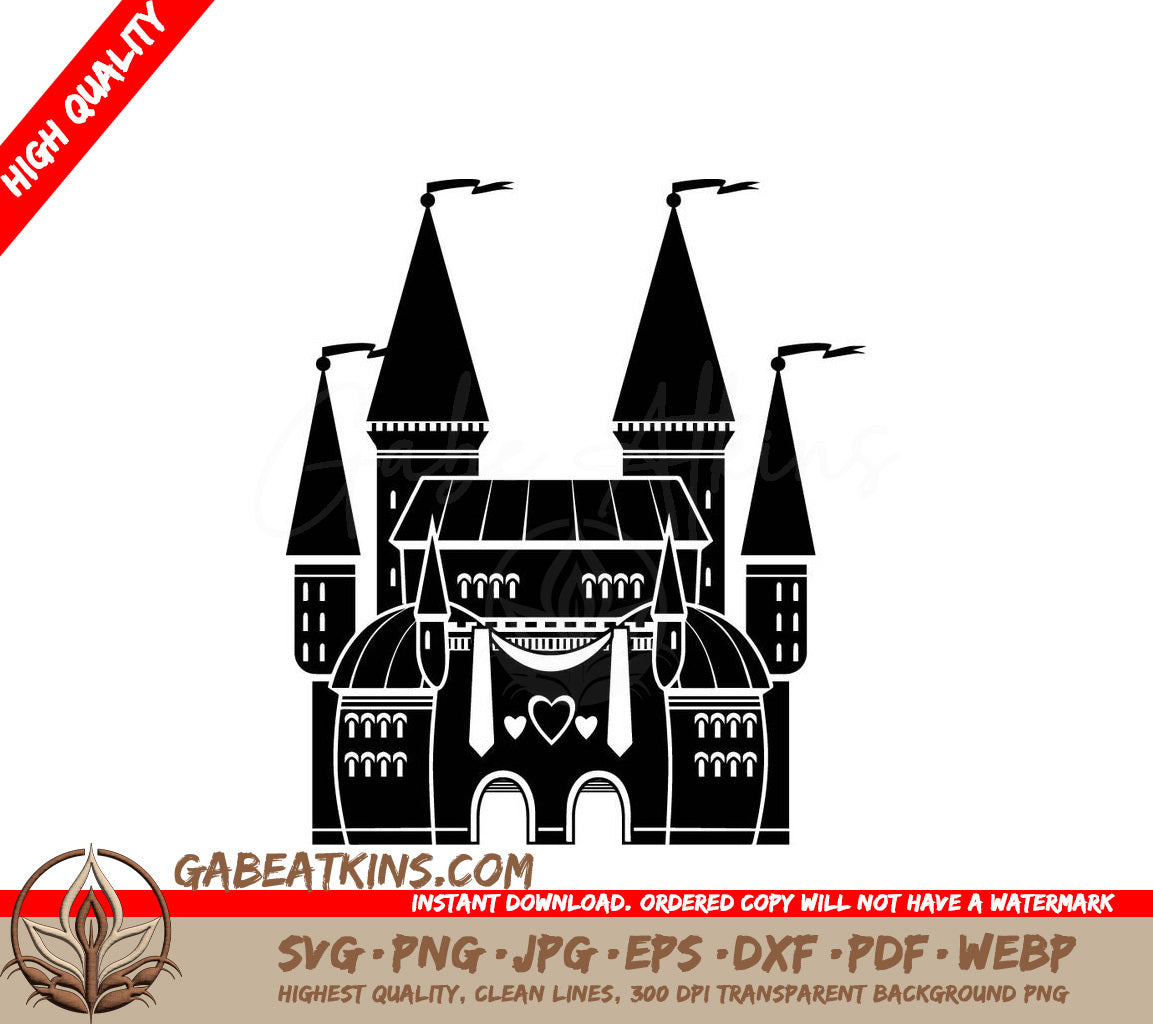  Castle Silhouette SVG with Hearts & Flags - Princess Fairytale Building SVG