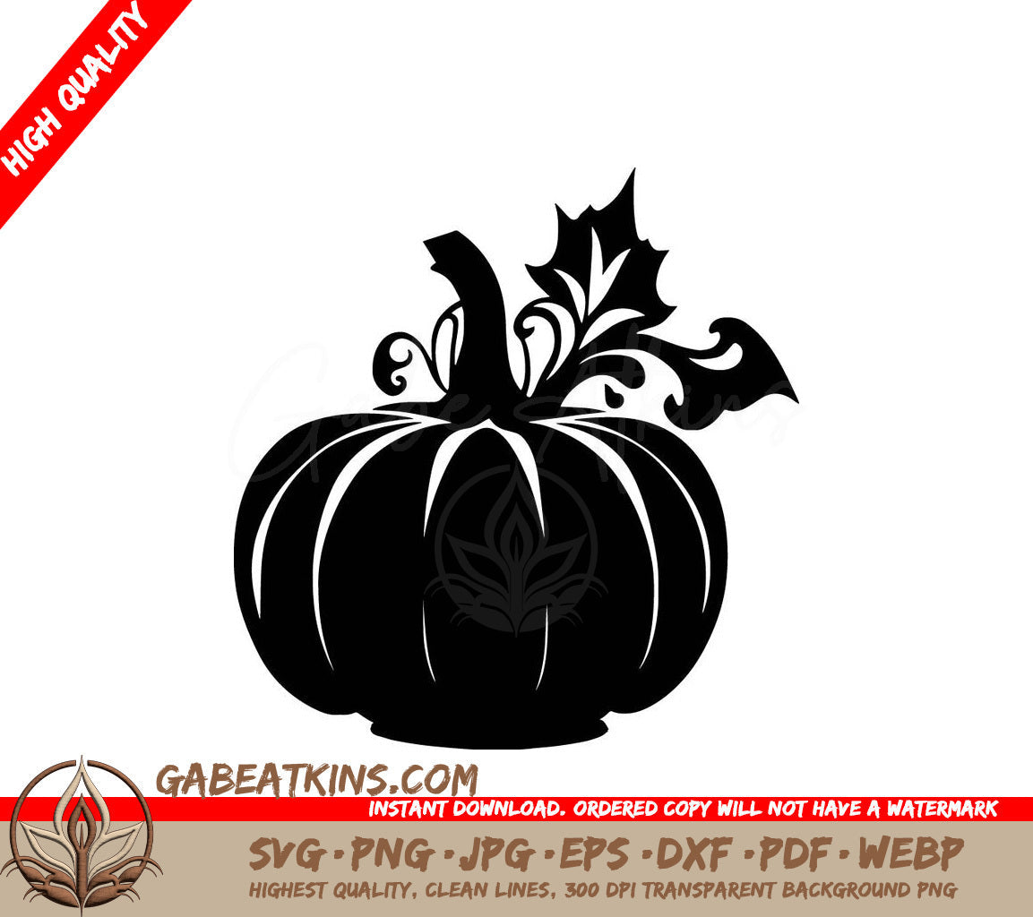 A Black And White Silhouette Of A Pumpkin With Leaves