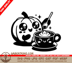 A Black And White Drawing Of A Pumpkin And A Cup Of Coffee