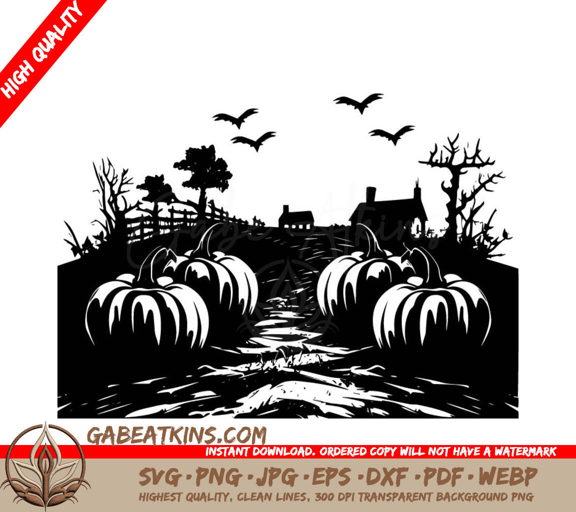 A Black And White Drawing Of Pumpkins And A House