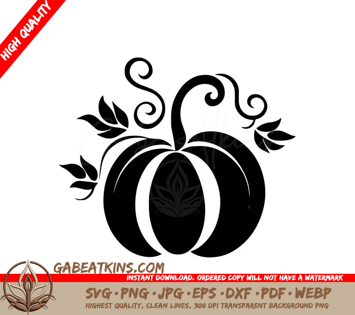 A Black And White Drawing Of A Pumpkin With Vines And Leaves