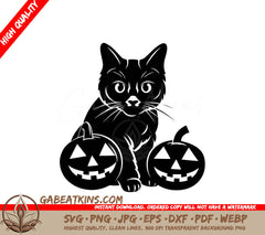 A Black Cat Is Sitting Next To Two Halloween Pumpkins SVG - Purr-fect Halloween SVG