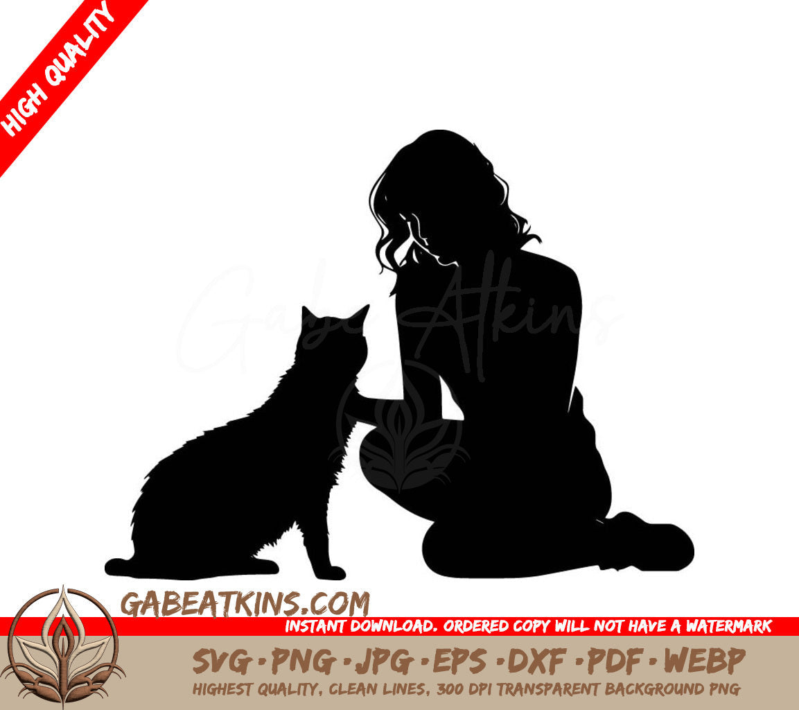 A Silhouette Of A Woman Kneeling Next To A Cat SVG - Purring Love SVG