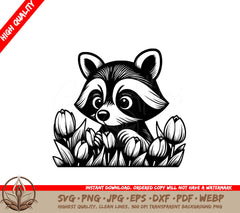 Raccoon Tulip Adventure SVG PNG JPG AI PDF DXF EPS and WebP - Digital Download 
