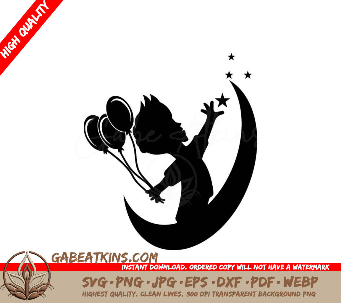 Boy with Balloons on Crescent Moon SVG - Dream Design Design Template SVG