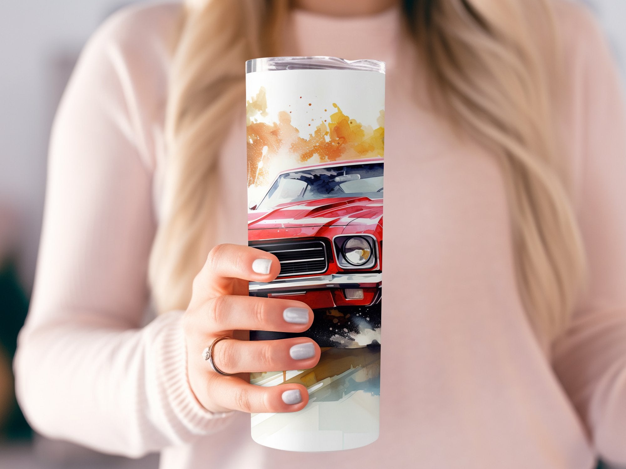 Red Chevy SS Muscle Car Watercolor Splash Tumbler Wrap | 20oz Tumbler Wrap Sublimation Design PNG - Gabe Atkins Designs