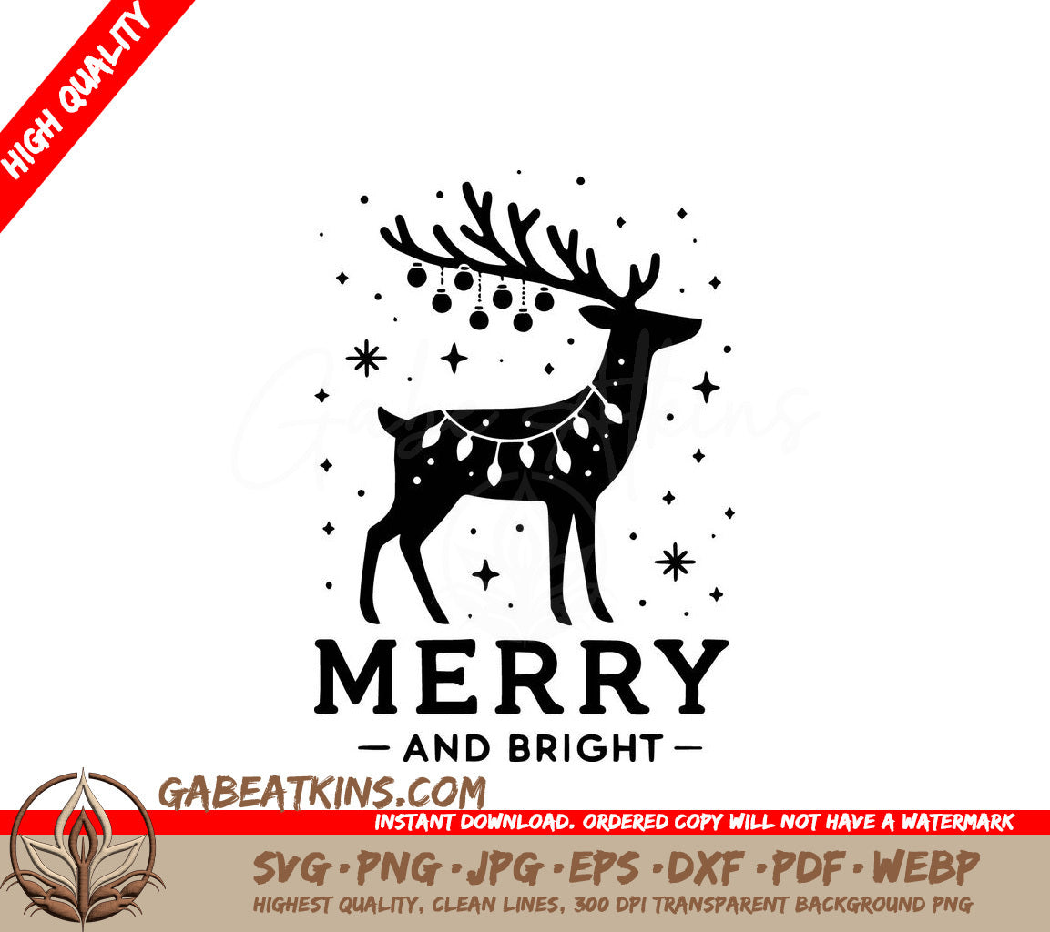 A Reindeer With Christmas Lights On Its Antlers And The Words Merry And Bright Below It SVG - Reindeer Holiday Sparkle SVG