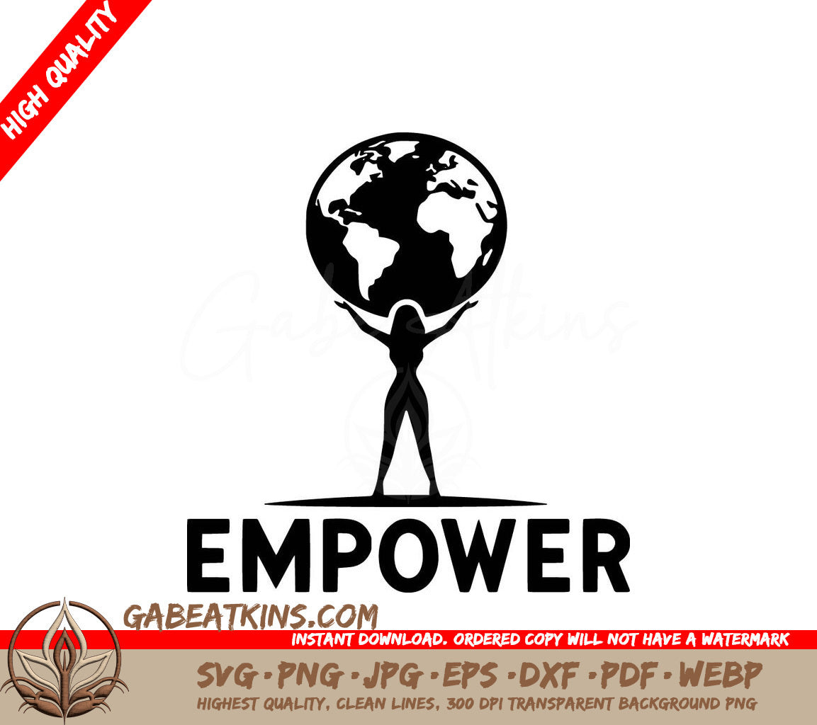 A Black And White Logo For Empower With A Woman Holding A Globe SVG - Resilient Woman SVG