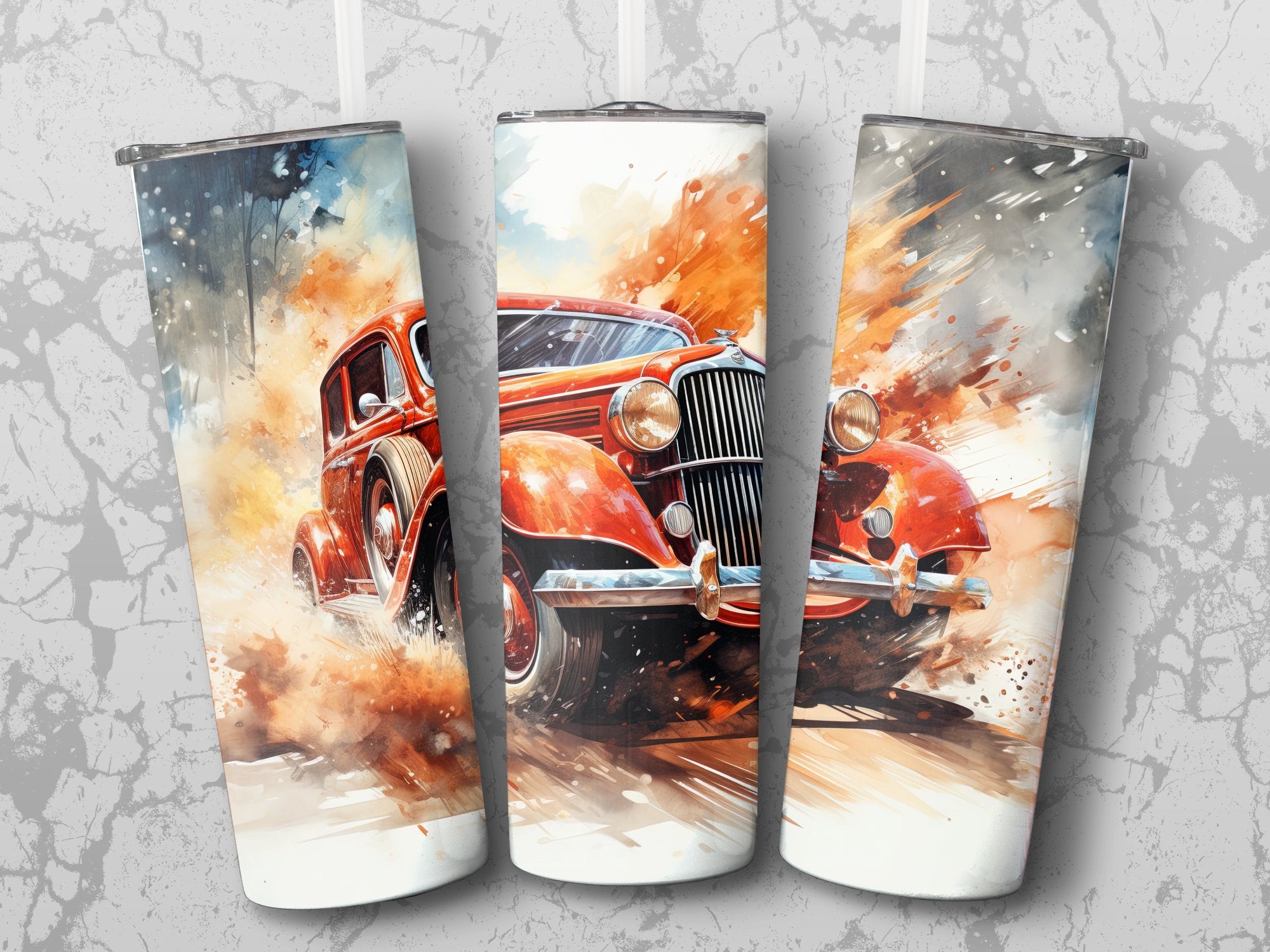 Retro Red Car Dynamic Watercolor Tumbler Wrap | 20oz Tumbler Wrap Sublimation Design PNG - Gabe Atkins Designs