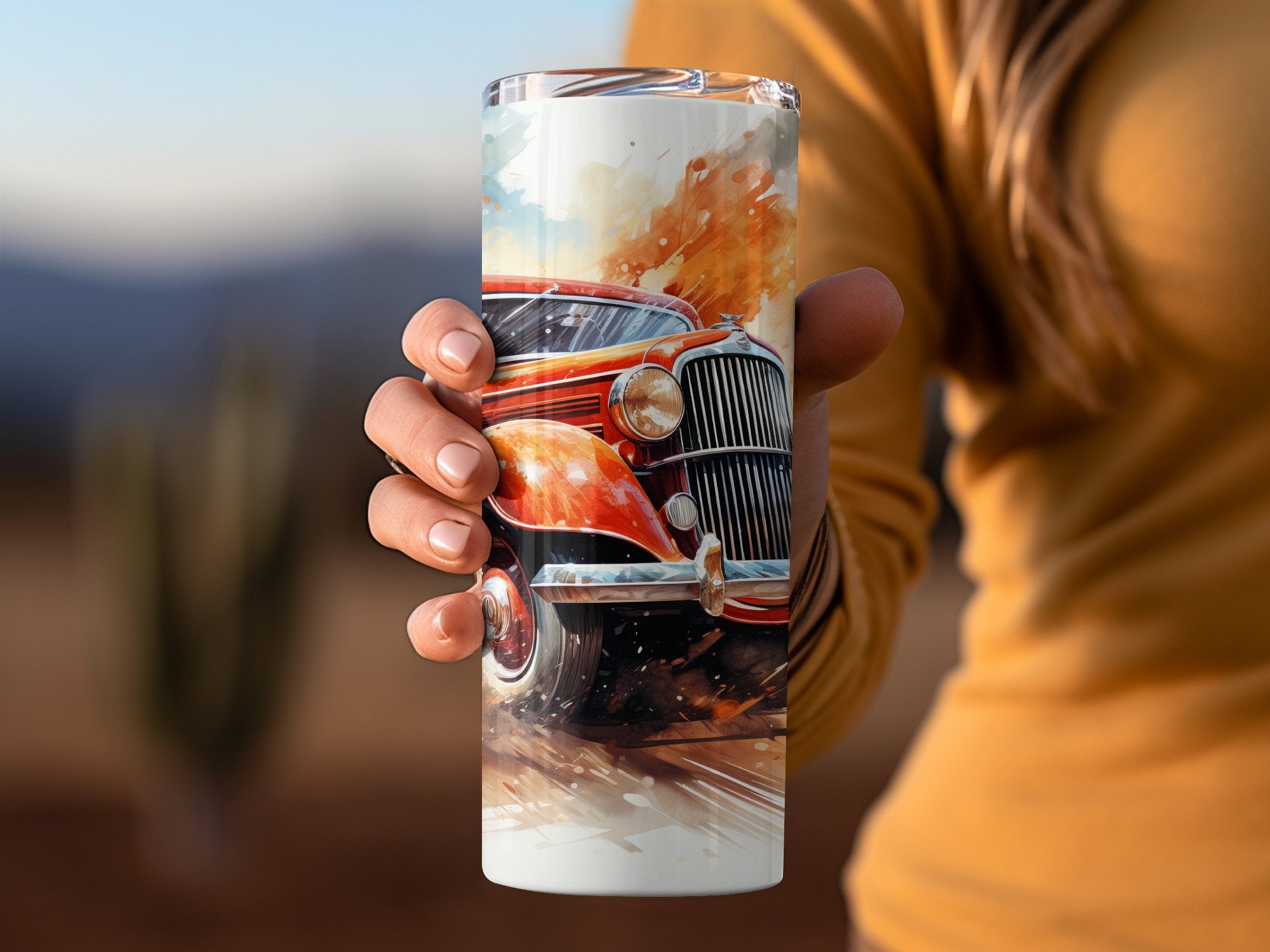 Retro Red Car Dynamic Watercolor Tumbler Wrap | 20oz Tumbler Wrap Sublimation Design PNG - Gabe Atkins Designs