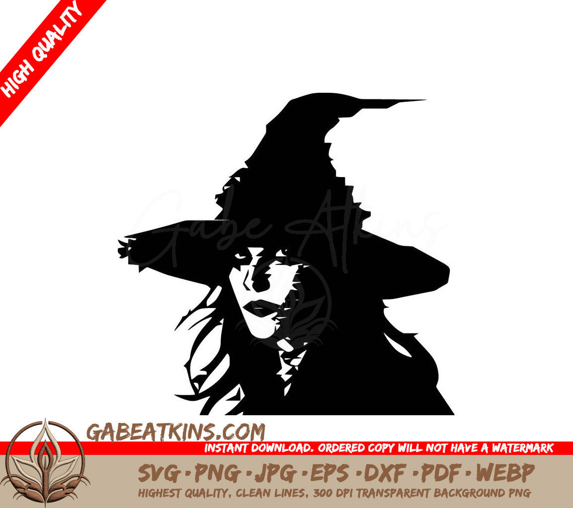 A Black And White Drawing Of A Woman Wearing A Witch Hat