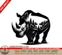 A Black And White Rhino With A Forest Inside Of It SVG - Rhino Forestscape SVG