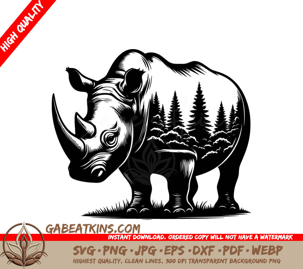 A Black And White Rhino With A Forest Inside Of It SVG - Rhino Wilderness SVG