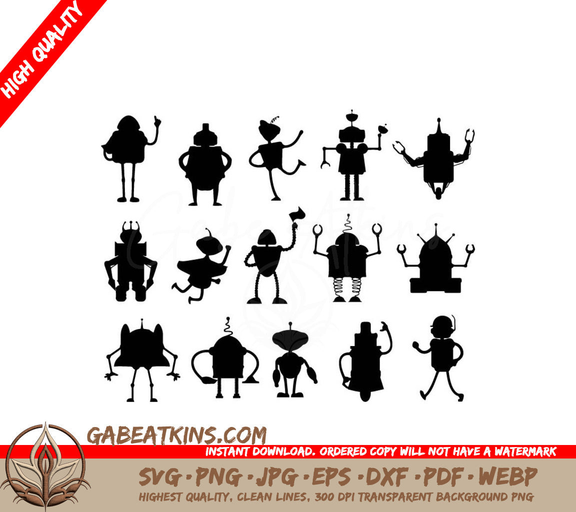 Robot & Droid Silhouettes SVG - Black AI Toys on White Background SVG