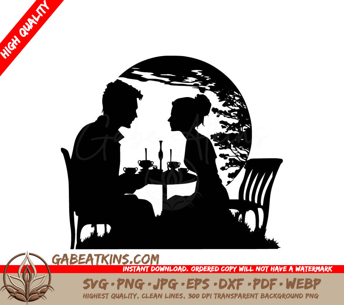 A Silhouette Of A Man And Woman Sitting At A Table SVG - Romantic Dinner SVG