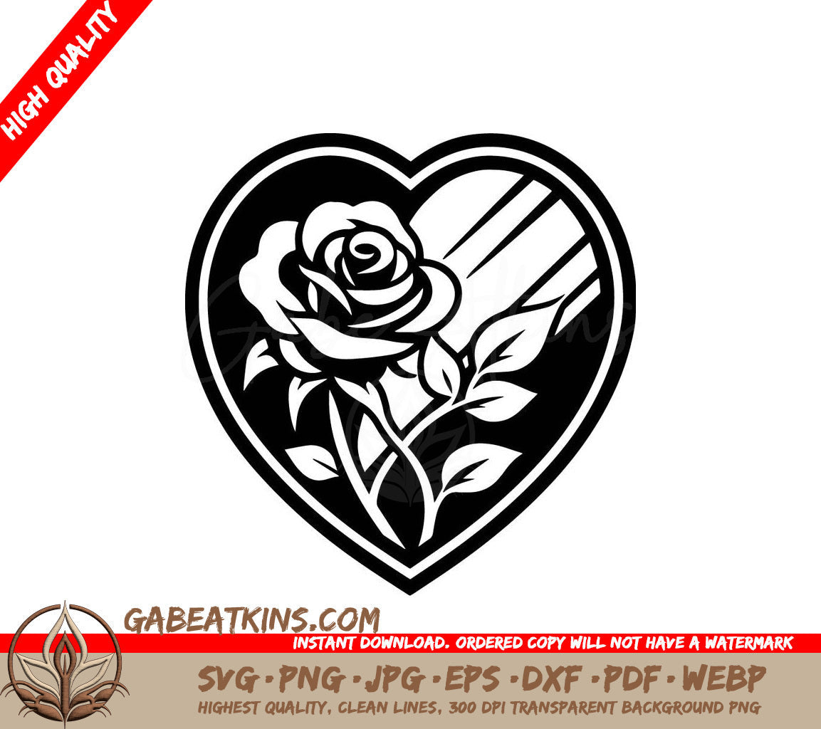 A Black And White Heart With A Rose Inside Of It SVG - Rose Heart Emblem SVG