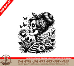 Roses and Butterflies Hair in a Bun Skull Mom SVG 
