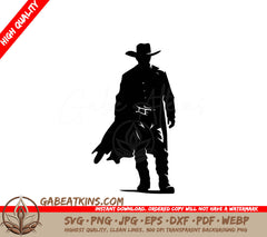 A Black And White Silhouette Of A Man In A Cowboy Hat SVG - Rural Cowboy SVG