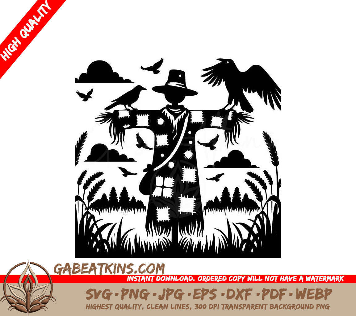 A Black And White Drawing Of A Scarecrow Surrounded By Birds