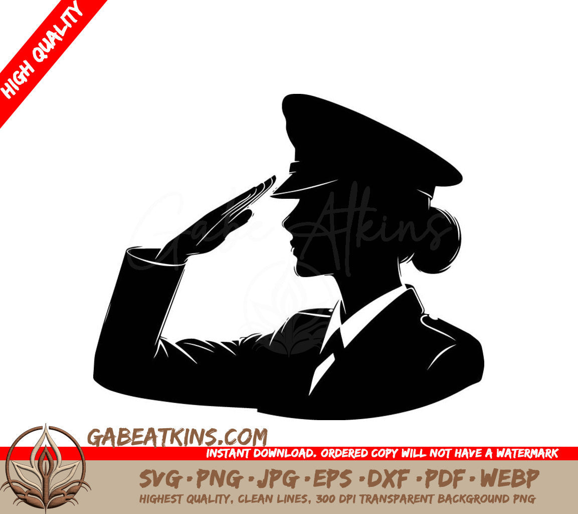 A Silhouette Of A Woman In A Military Uniform Saluting SVG - Saluting Soldier Woman SVG