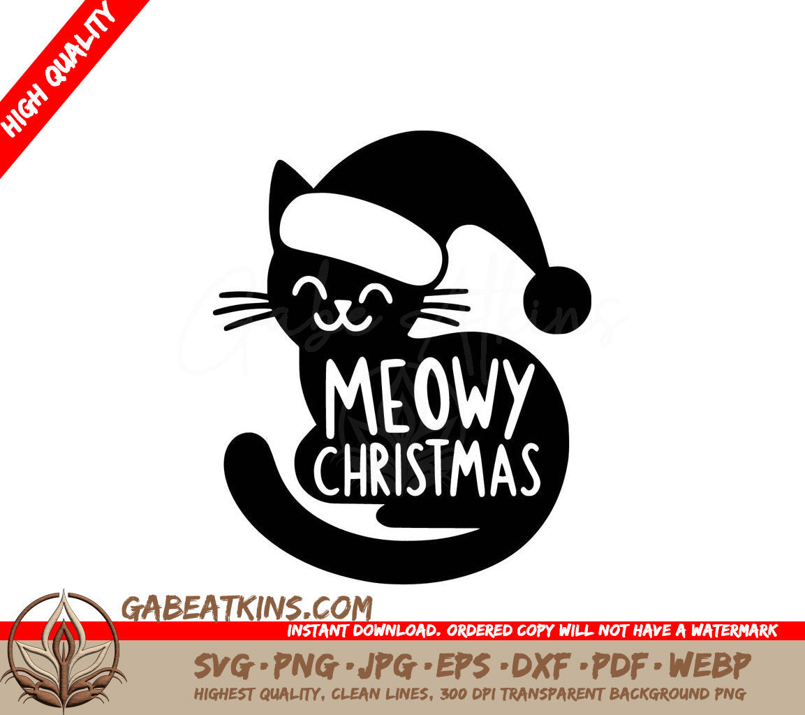 A Black Cat Wearing A Santa Hat Says Meowy Christmas SVG - Santa Paws Surprise SVG