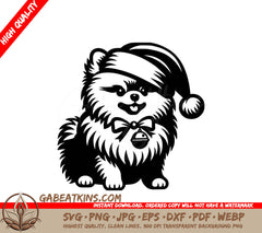 A Pomeranian Dog Wearing A Santa Hat With A Bell Around Its Neck SVG - Santa Pomeranian Pup SVG