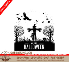 A Silhouette Of A Scarecrow With The Words Happy Halloween Below It