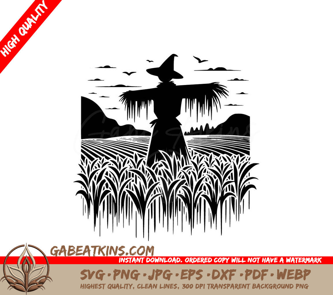 A Black And White Drawing Of A Scarecrow In A Field